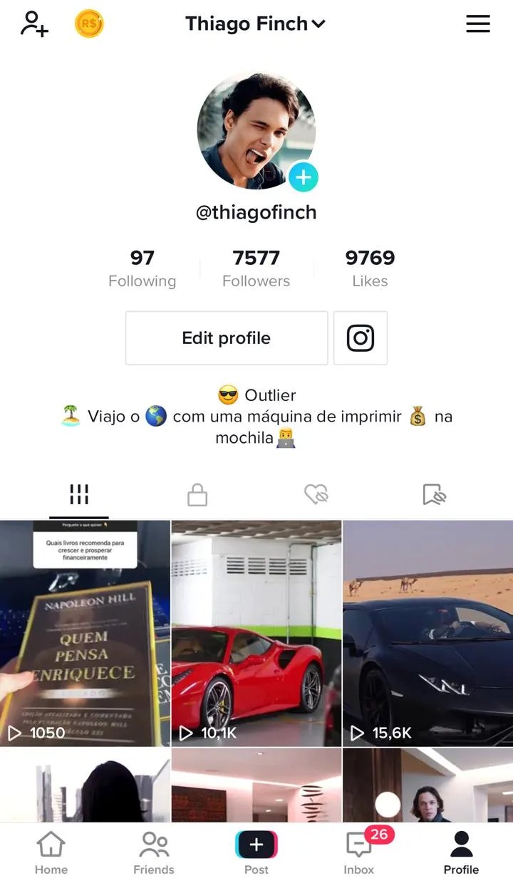 Perfil do TikTok de Thiago Finch com 7.577 seguidores